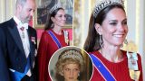 Kate middleton incanta in rosso con la tiara di princess diana al banchetto di stato con macron