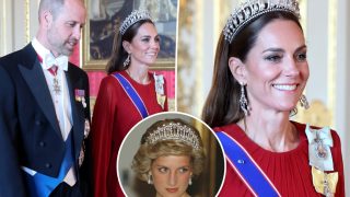 Kate middleton incanta in rosso con la tiara di princess diana al banchetto di stato con macron